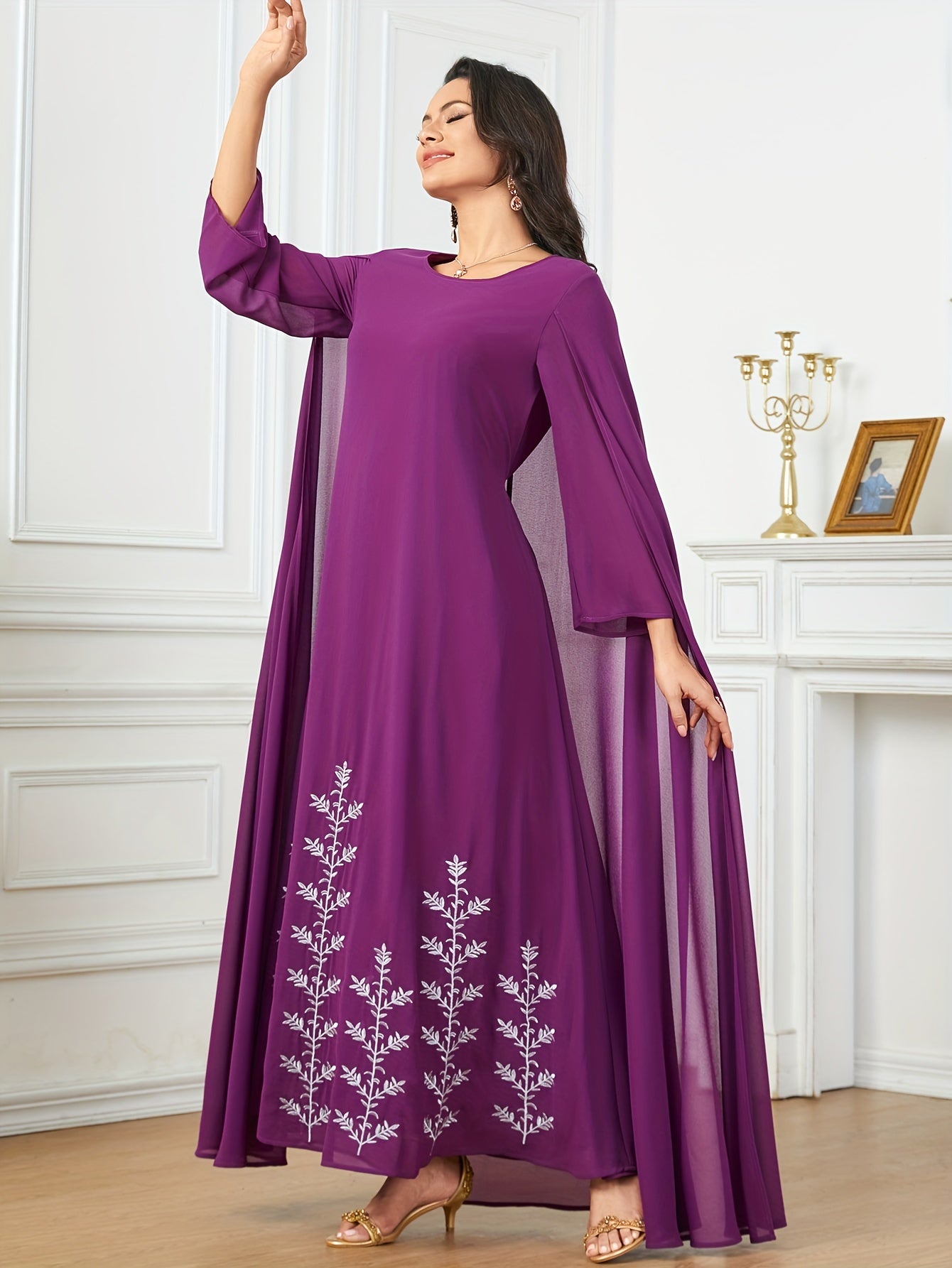 Polyester Traditional Abaya Dress - Solid Color Round Neck Embroidered Long Sleeve with Cape, Regular Fit, All-Season, Middle Eastern Cultural Apparel