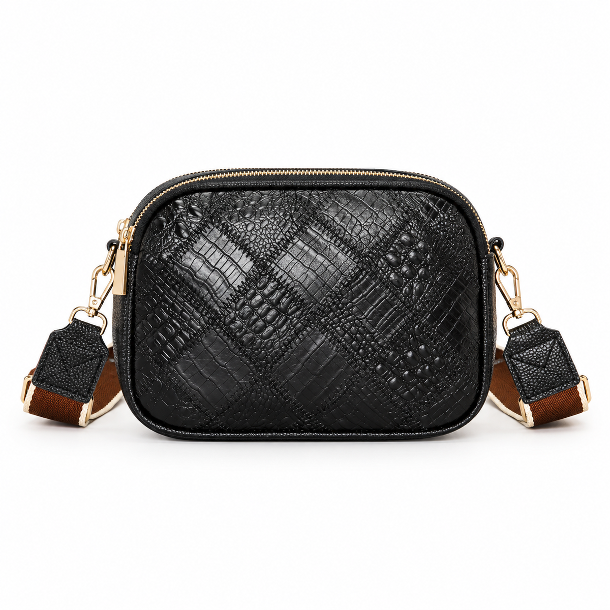 Elegant Black Crocodile Embossed Crossbody Bag