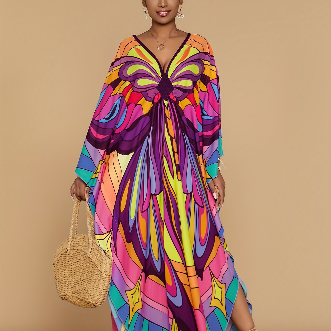 Vibrant Bohemian Kaftan Dress - Four-Sided Elastic V-Neck, Bat Sleeves, Beach Cover-Up