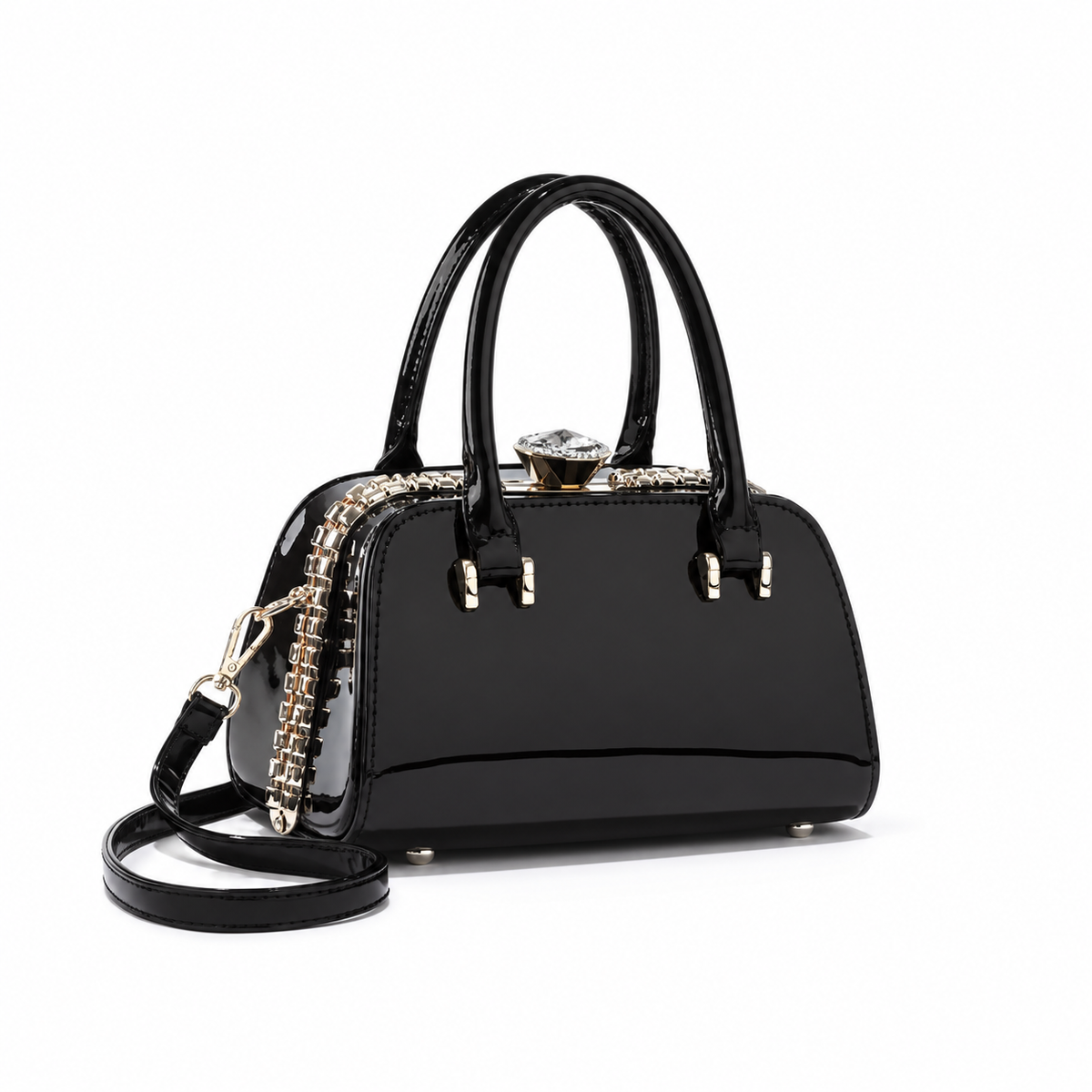 Elegant Black Glossy Handbag With Strap
