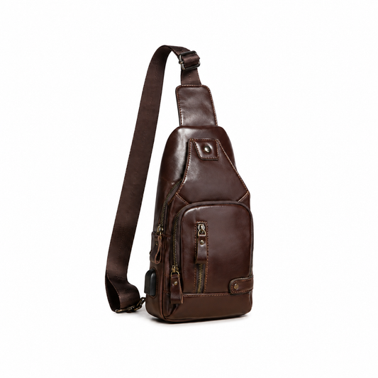 Coffee Brown Leather Sling Crossbody Bag