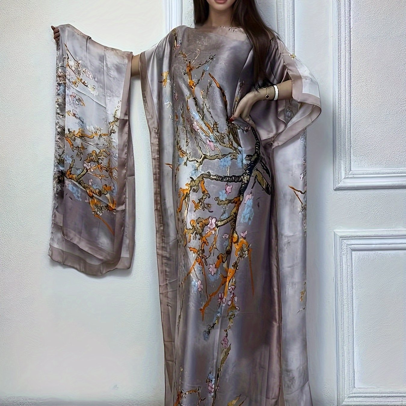 Tree Print Crew Neck Kaftan Abaya, Elegant Batwing Sleeve Loose Fit Maxi Dress With A Hijab, Women's Clothing