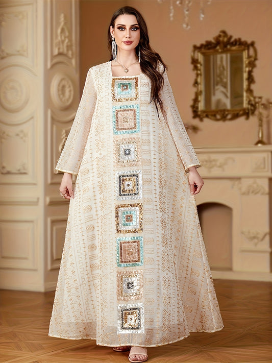 Muslim Sequin Patchwork Dress Women's Jalabiya Ramadan Morocco Dubai Mesh Fashion Kebaya Loose Kaftan Abaya