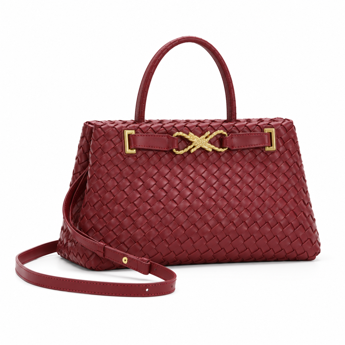 Elegant Burgundy Woven Top Handle Handbag