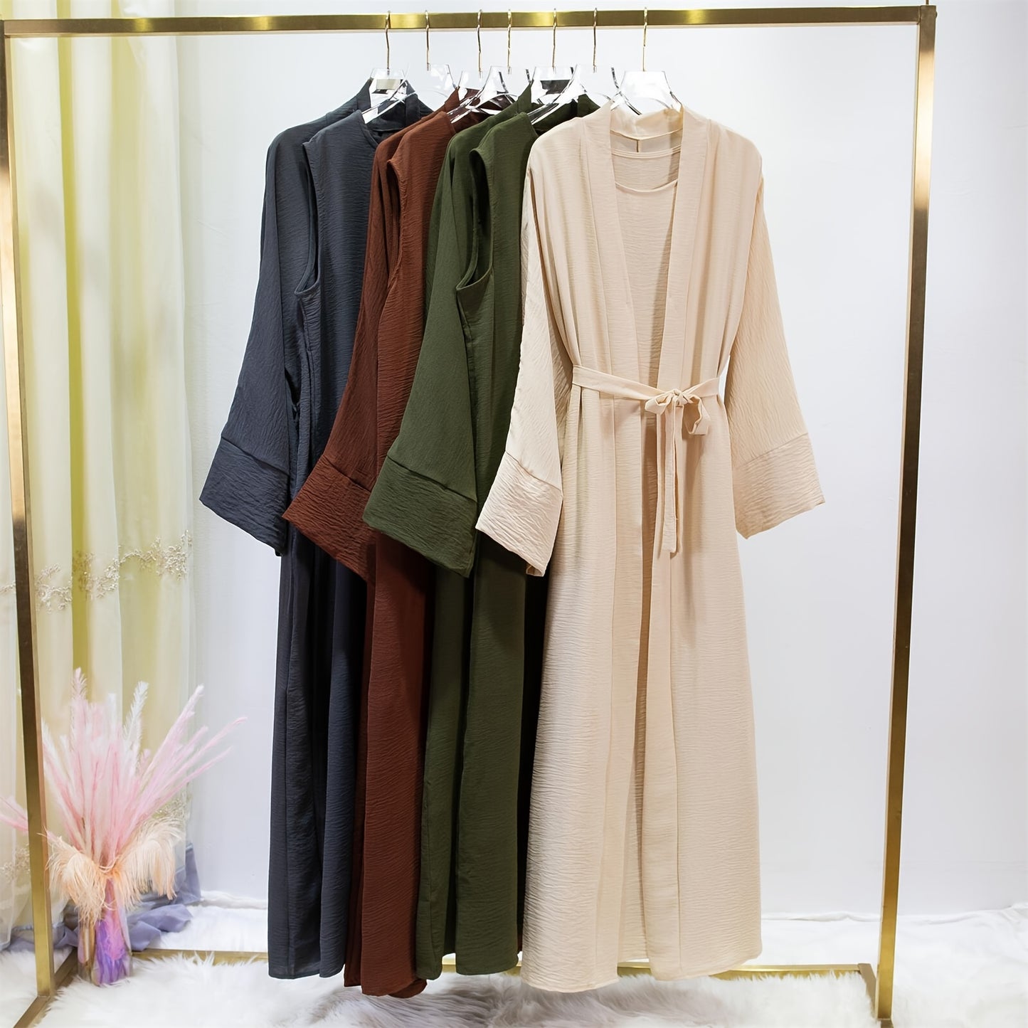 Ramadan Solid Color Modest Pakistani Abaya Set, Casual Crew Neck Sleeveless Tank Dress & Open Front Long Sleeve Tie Cardigan Outfits, Women's Clothing