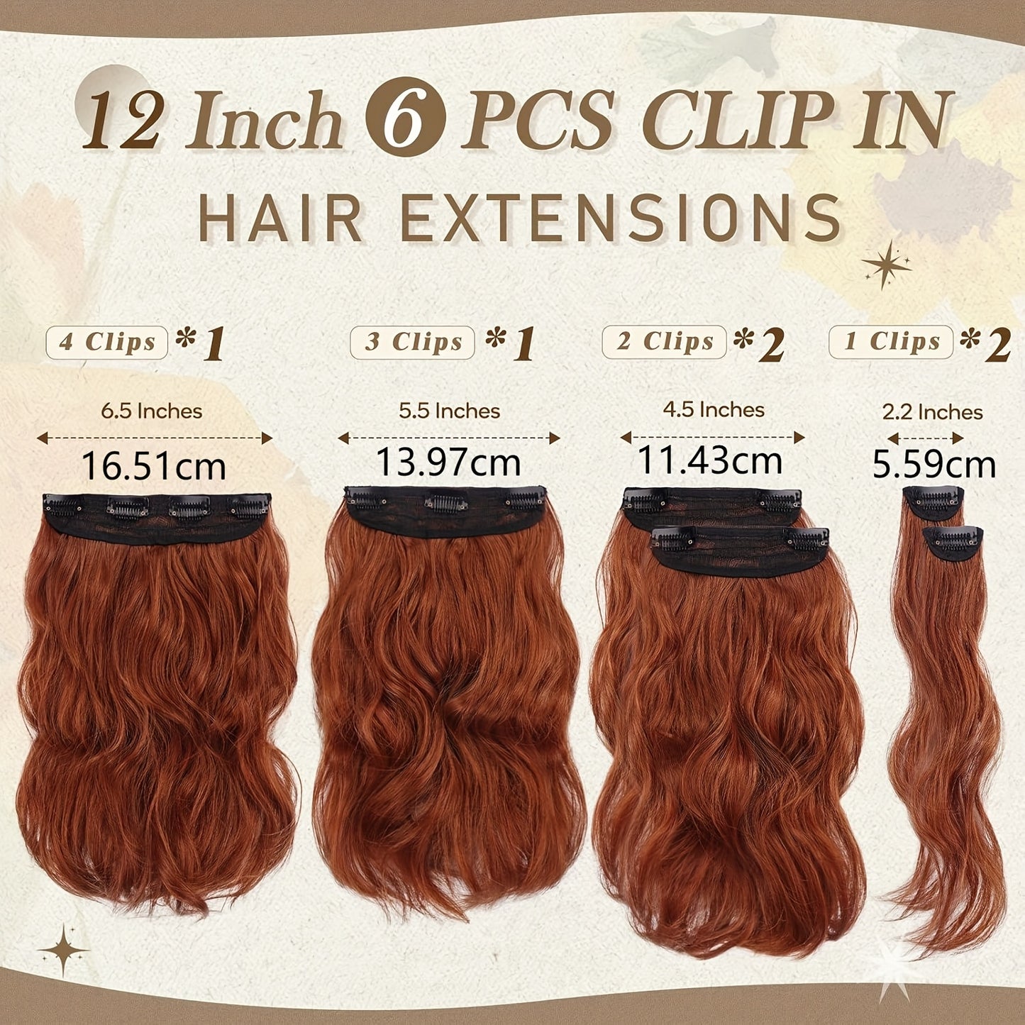 FESHFEN 6pcs Clip-In Hair Extensions, 12 Inch/30cm, Short Wavy Clip-In Extensions, Suitable for Women Halloween/Cosplay/Daily Wearing, Full Head, Thick Synthetic Clip Hair Extension - Brown