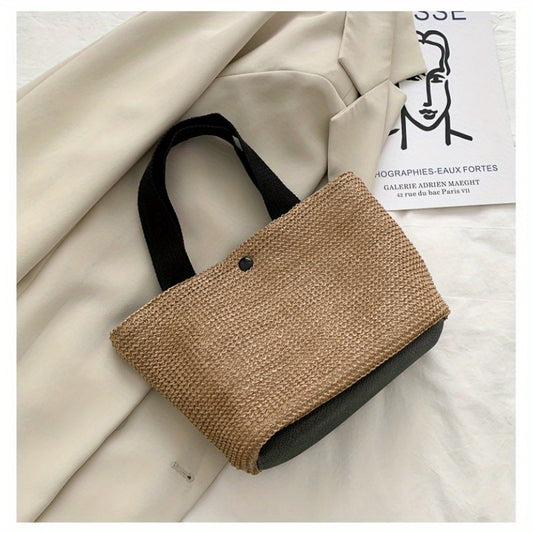 Chic Black Braided Woven Texture Tote Bag for Women - Casual Beach Vacation Handbag with Buckle Closure & Polyester Lined Interior