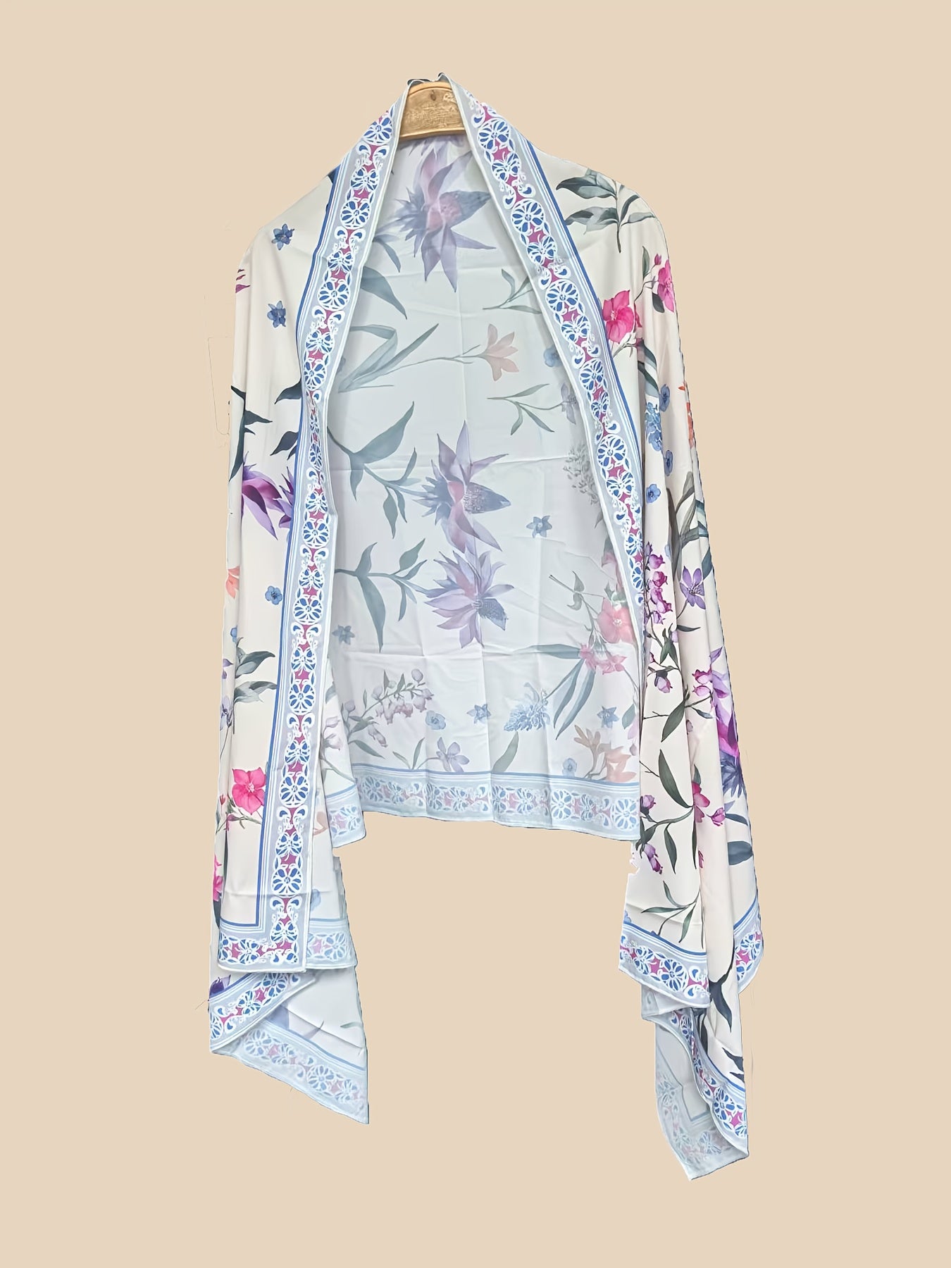Floral Print V-Neck Abaya Robe with Long Sleeves - Lightweight Loose Fit Long Dress and Headscarf Set for Women, Spring/Summer Collection, Versatile Fashionable Long Robe, Headscarf 2pcs