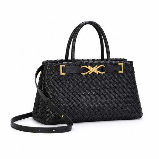 Elegant Black Woven Gold Accent Handbag