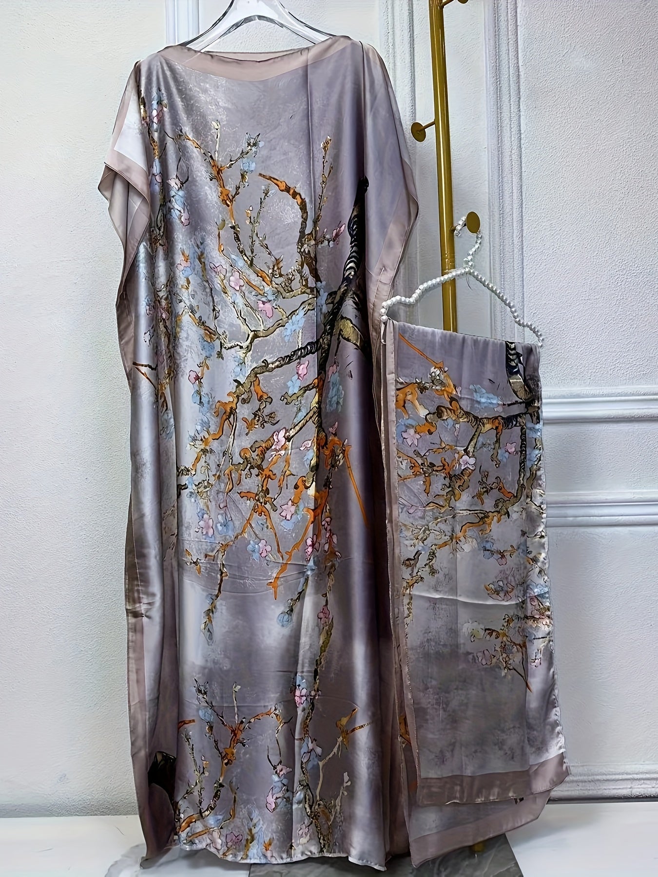 Tree Print Crew Neck Kaftan Abaya, Elegant Batwing Sleeve Loose Fit Maxi Dress With A Hijab, Women's Clothing