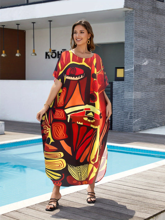 Women'S Plus Size Round Neck Short Sleeve Kaftan Dress Swimwear Tunic for Poolside & Tropical Vacation, Loose Fit Boho