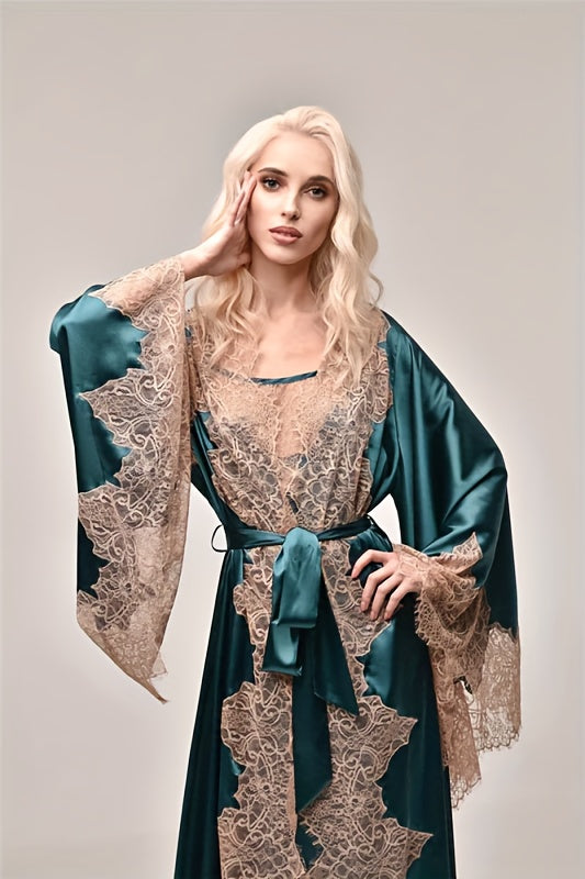 2pcs Satin Lace Kimono Abaya | Women's Bridal Robe On Wedding Day Light Long Lace Home Dress Pajamas