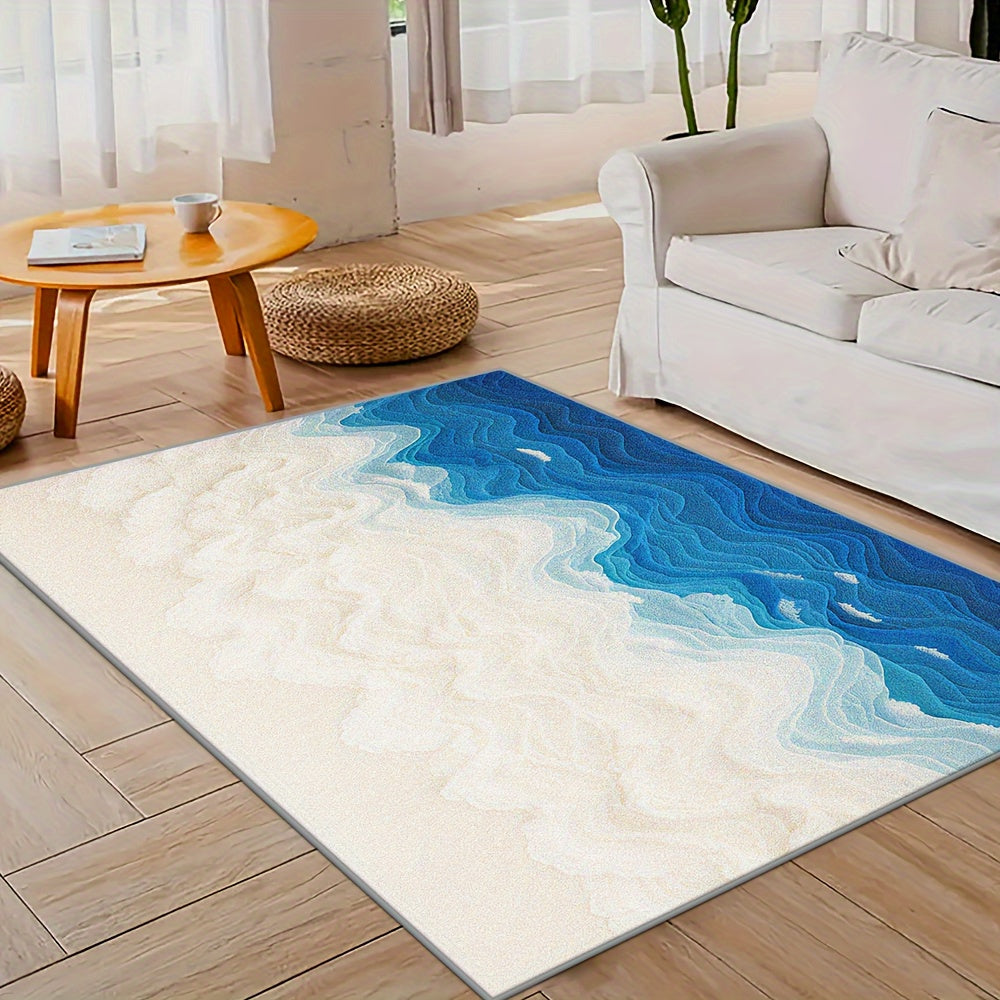 This Is a Large Floor Mat Designed with a Beautiful Seawater Beach Pattern, Featuring a Easy Style And Exquisite Hemming. It Is Made of Faux Cashmere with a Weight of 1200G Per Square Meter And a Thickness of 8.6Mm. The Rug I
