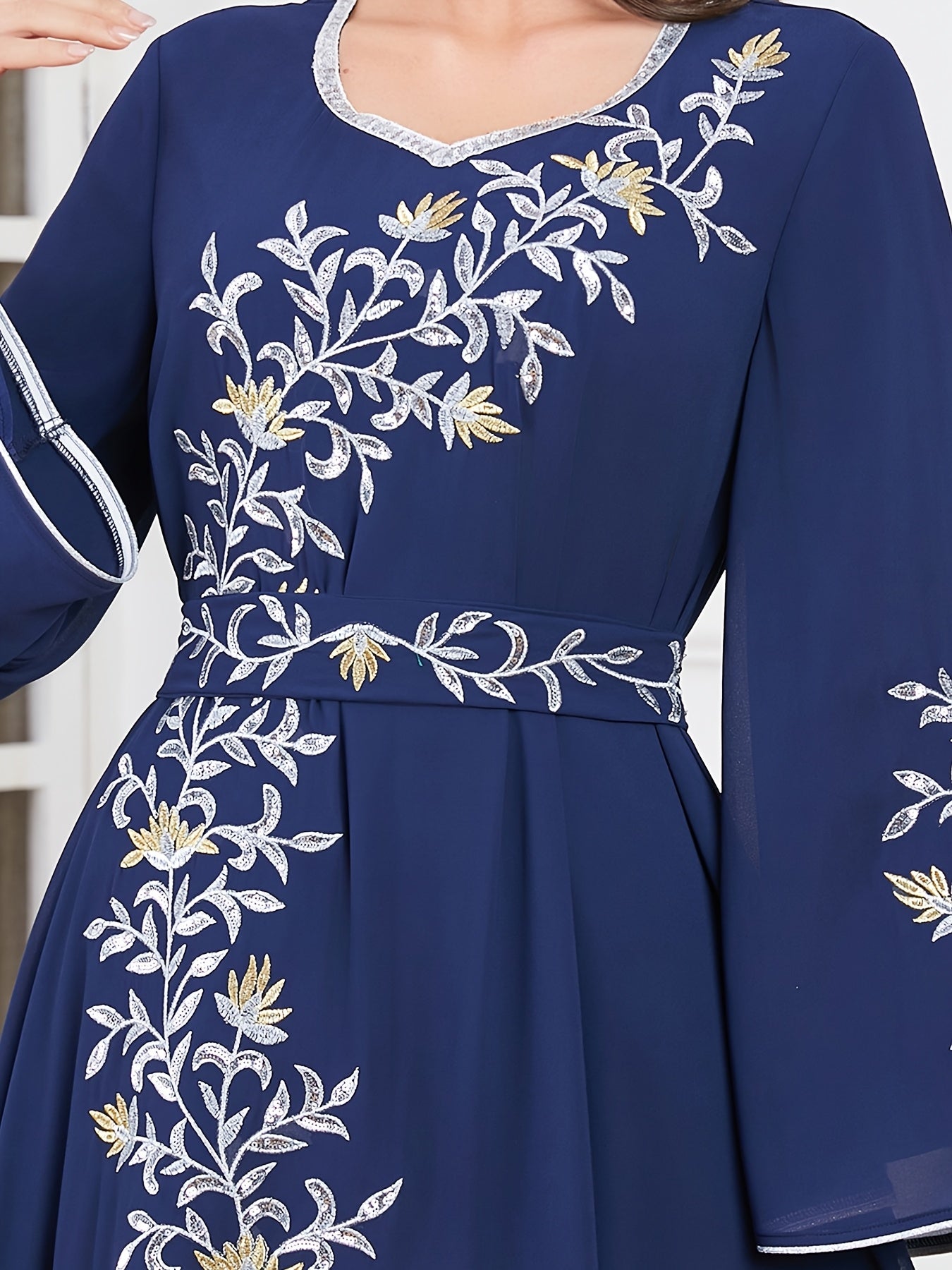Elegant Embroidered Abaya Dress - Loose Fit, Machine Washable Polyester Modest Kebaya for Women with Belt