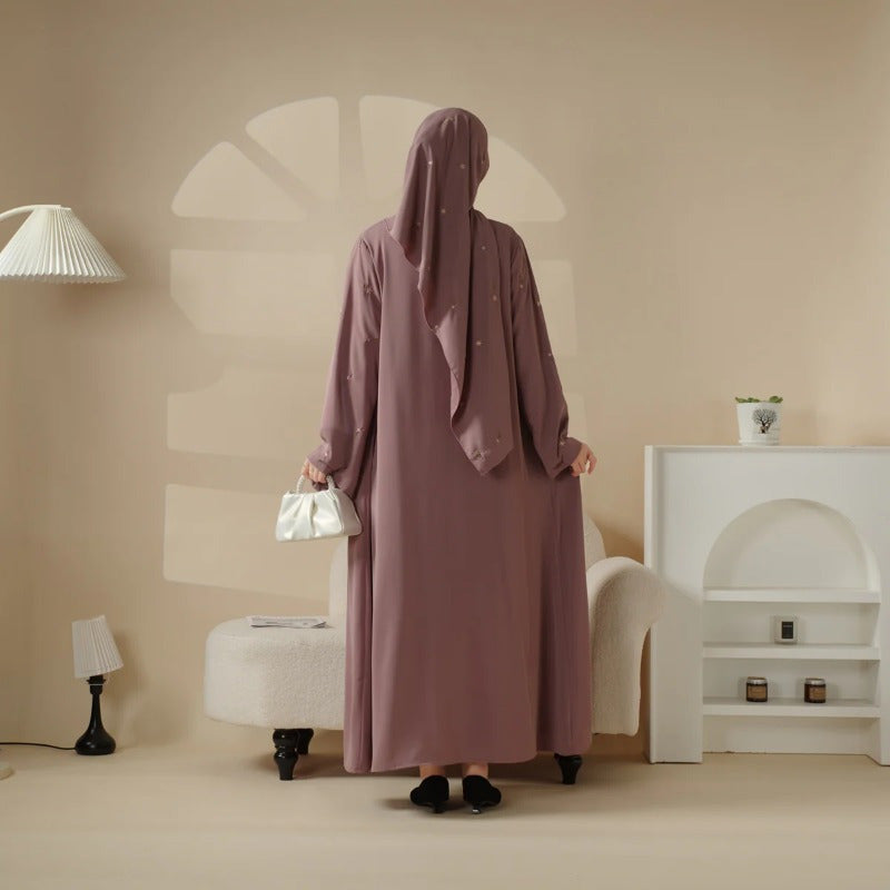 Tulip Embroidery Open Abaya 4pcs set: Includes open abaya, inner dress, matching belt, and hijab
