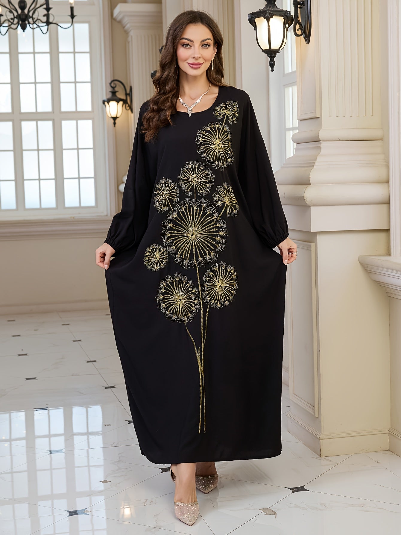 Plus Size, Women's Elegant Dandelion Embroidered Beach Cover-Up Robe Dress - Long Sleeve Loose Fit, Plus Size Black with Golden Floral Print, Lantern Sleeves & Long Length for Vacation, Poolside, Casual Outings, Beach Dress
