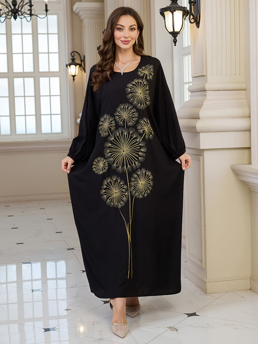 Plus Size, Women's Elegant Dandelion Embroidered Beach Cover-Up Robe Dress - Long Sleeve Loose Fit, Plus Size Black with Golden Floral Print, Lantern Sleeves & Long Length for Vacation, Poolside, Casual Outings, Beach Dress