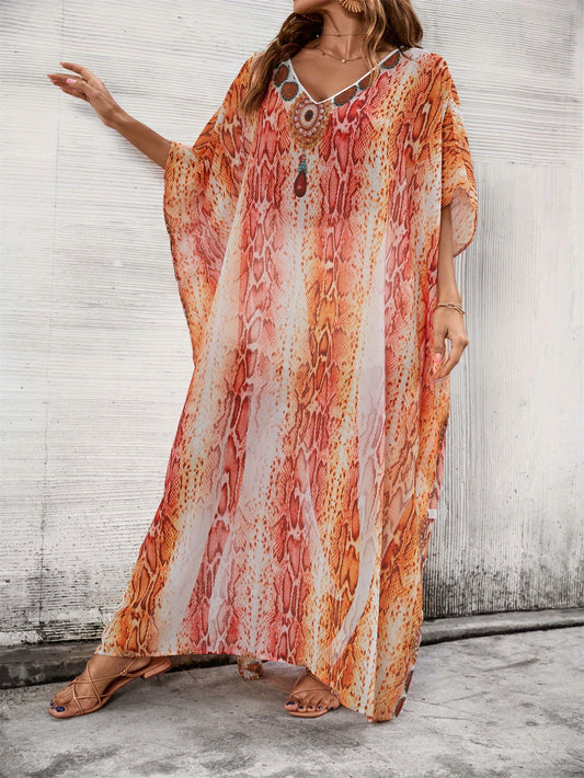 Plus Size Boho Beach Maxi Dress - Vibrant Print V-Neck Kaftan with Side Slits, Stretchy Lightweight Fabric, Short Sleeve Resort Wear for Seaside, Summer Parties & Casual Outings, Beach Dress, Seaside Event Attire, Flowy Fabric
