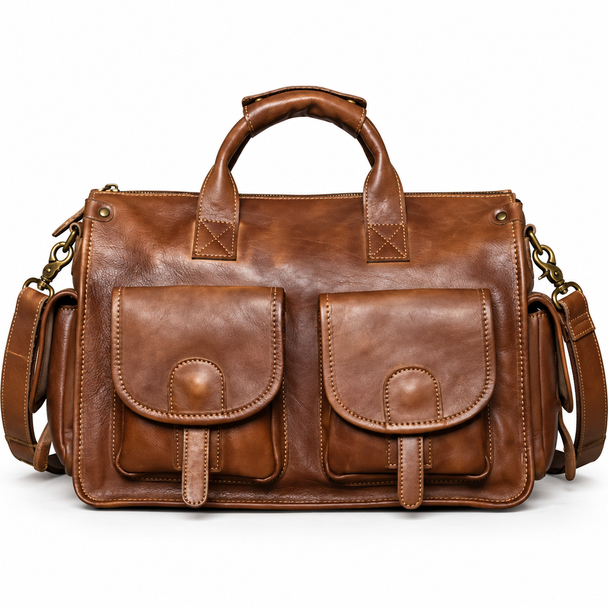 Vintage Brown Double Pocket Overnight Bag