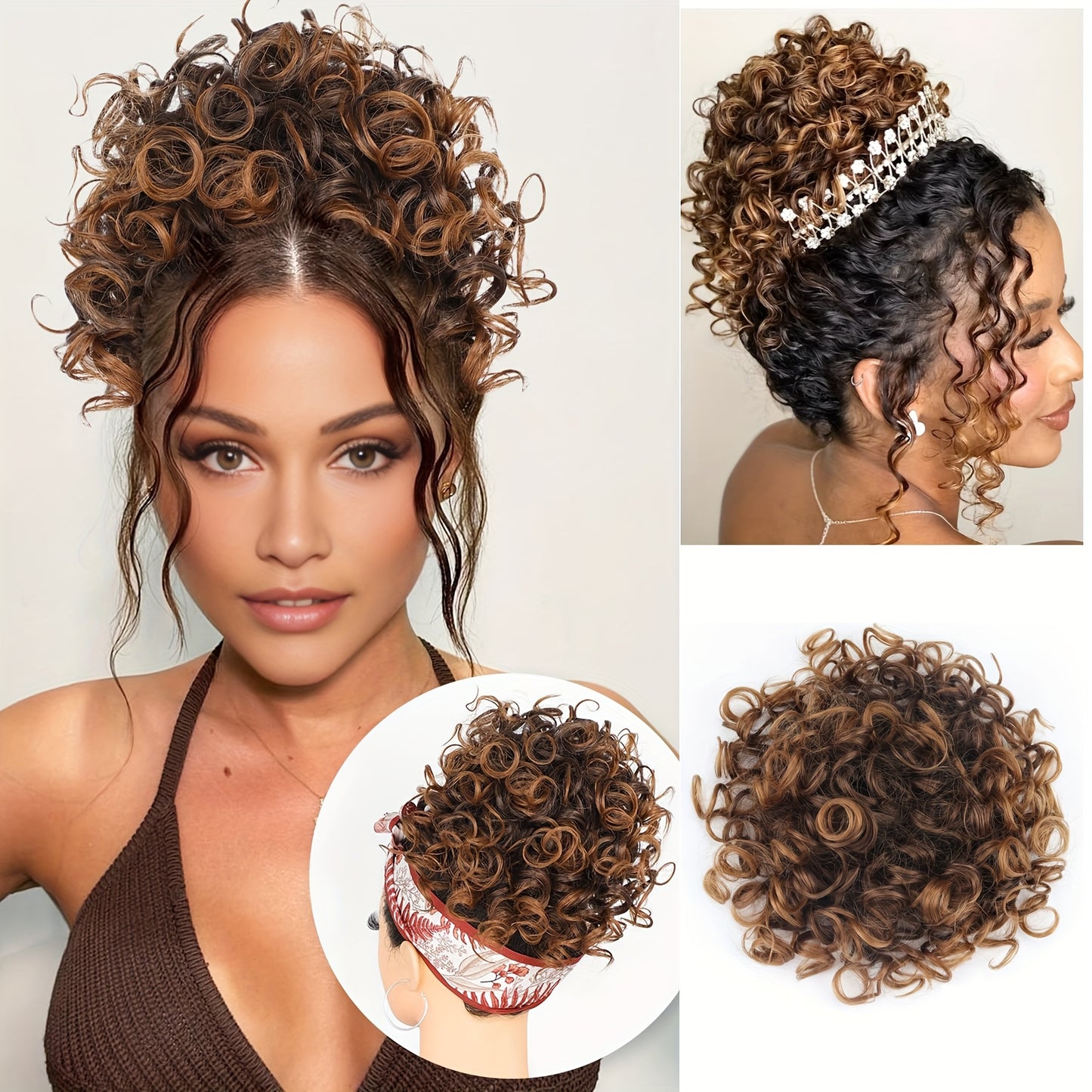 Stunning And Gorgeous Large Clip-In Afro Curly Synthetic Hair Bun - A Secure Drawstring Synthetic Hair Bun with Curls, Reusable Ponytails for Women, Available in a Variety of Gradient Colors: Brown, Dark Brown, Blonde, Copper
