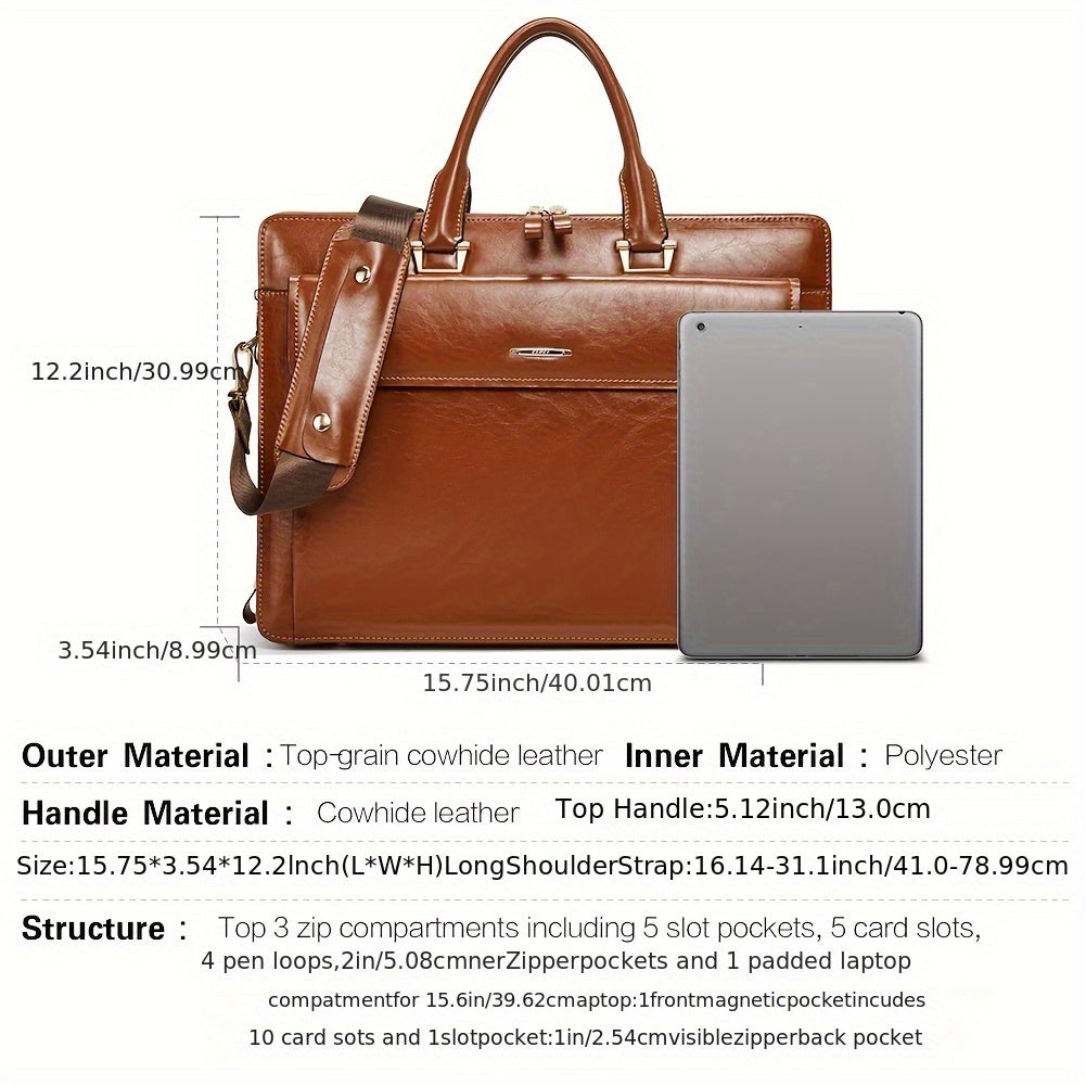 Premium Genuine Leather 15.6" Business Laptop Bag for Women - Light Brown, Adjustable Shoulder Strap