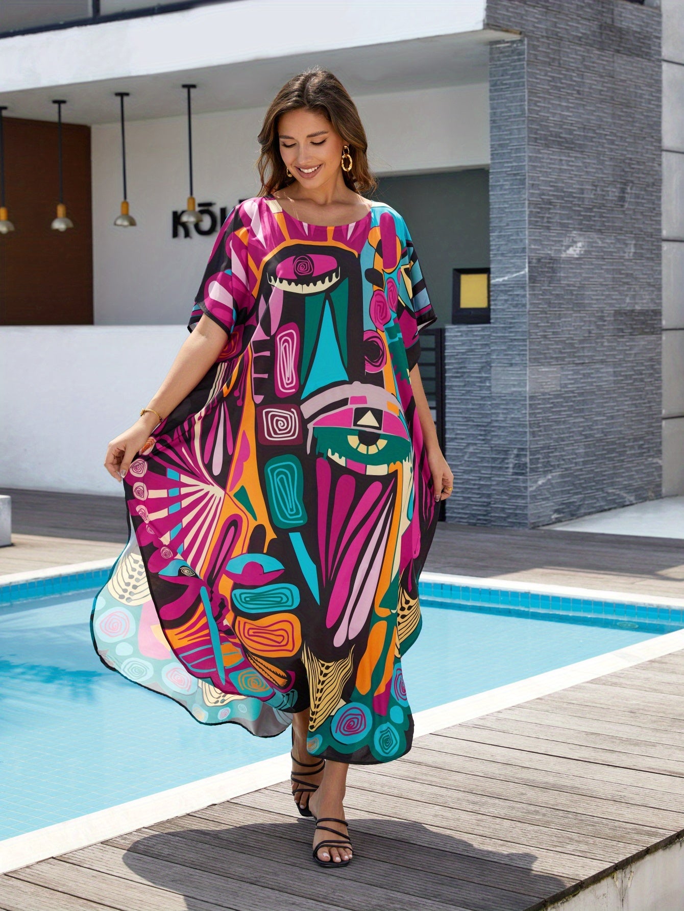 Women'S Plus Size Round Neck Short Sleeve Kaftan Dress Swimwear Tunic for Poolside & Tropical Vacation, Loose Fit Boho