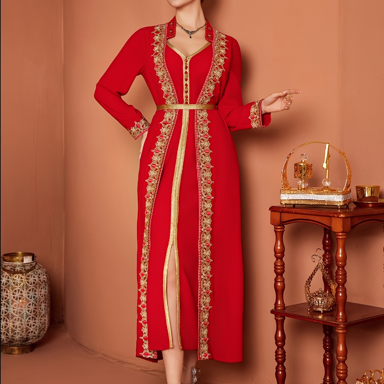 Women's Red Middle Eastern-Inspired Casual Emirati Abaya with Waist & Long Sleeves - 100% Polyester Lightweight Spring/Summer Dress, Elegant Hand Wash Only Solid Color Dress