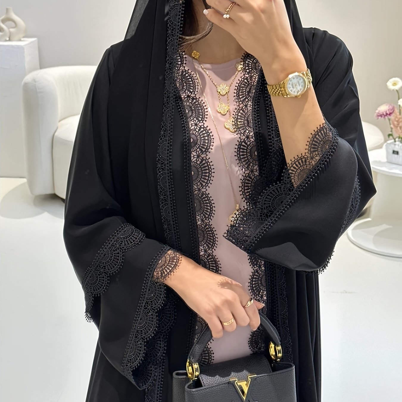 Solid Color Black Lace Pakistani Abaya, Headscarf Jacket Two-Piece Set + YT
