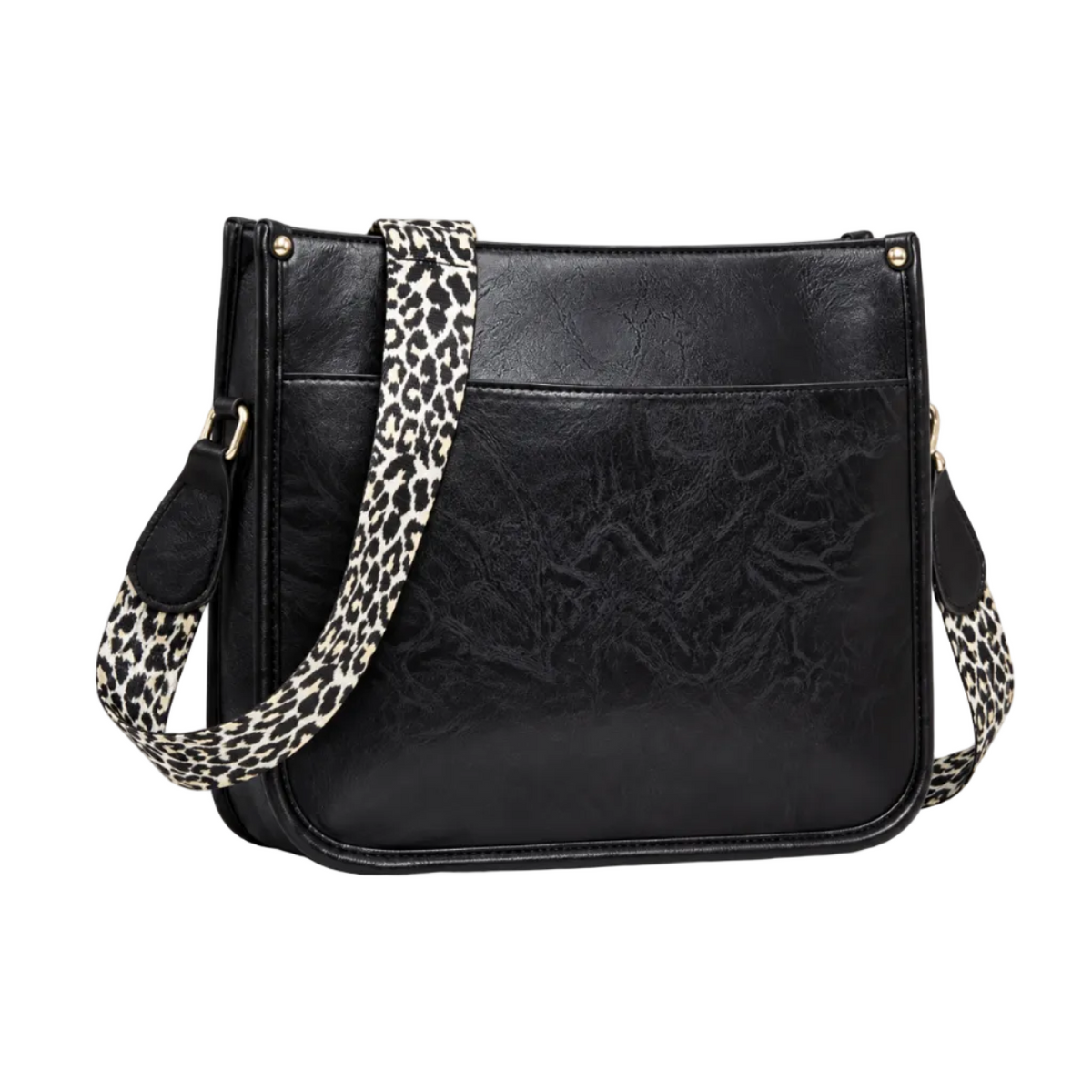 Black Crossbody Bag With Leopard Strap