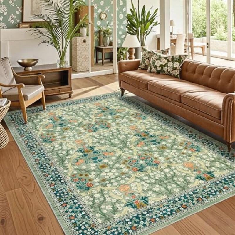 Floral Area Rugs, Sage Green Washable Rug for Living Room Bedroom Low Pile Non Slip Stain Resistance Indoor Boho Arabian Carpet Mat for Farmhouse Dining Room Office