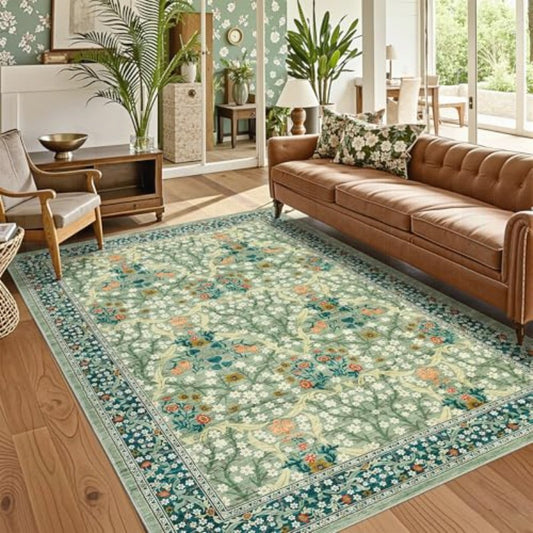 Floral Area Rugs, Sage Green Washable Rug for Living Room Bedroom Low Pile Non Slip Stain Resistance Indoor Boho Arabian Carpet Mat for Farmhouse Dining Room Office