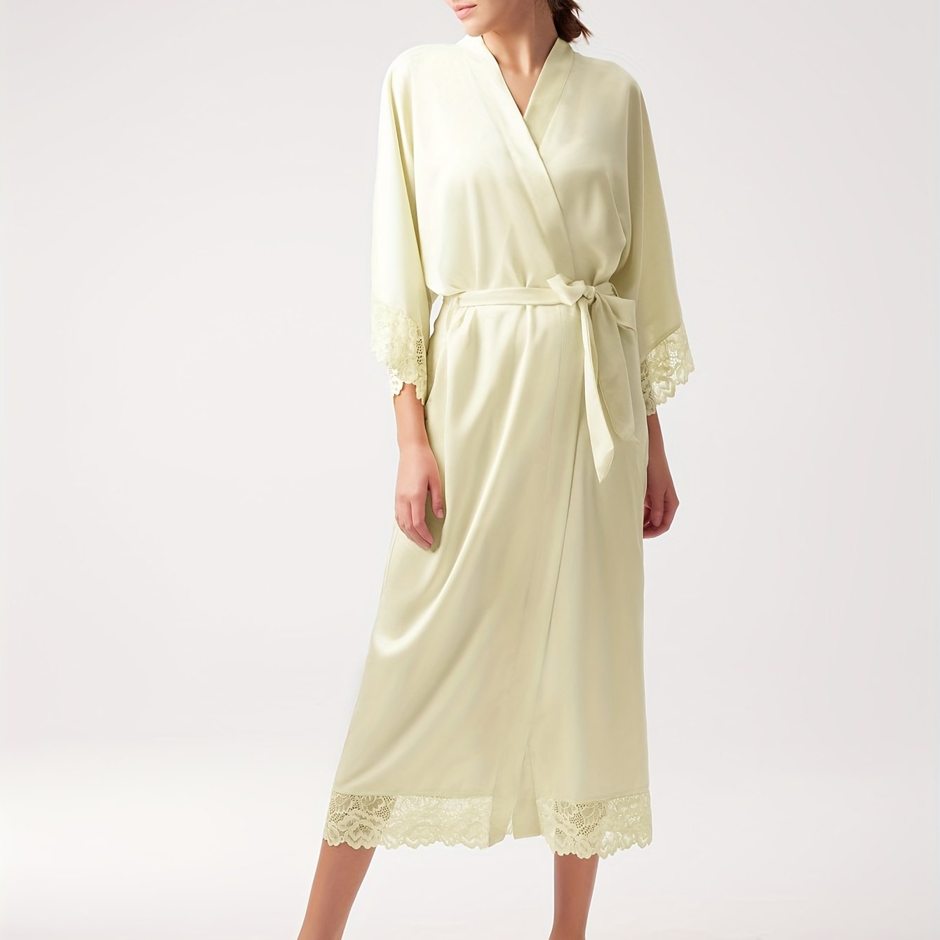 Satin Kimono Robe Long Bridesmaid Wedding Bath Robe With Lace Trim