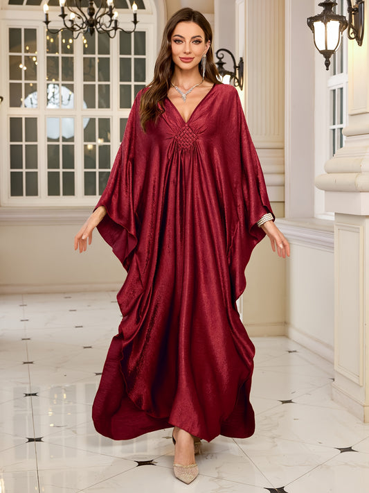 Plus Size Dark Red Kaftan for Women - Elegant V-Neck Beach Cover-Up with Long Sleeves, 100% Polyester, Machine Washable, Perfect for Summer Holidays and Poolside Lounging