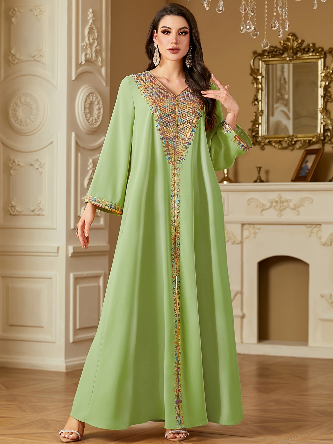 Elegant V-Neck Long Sleeve Kaftan Abaya with Sequin Detail - Polyester, Non-Stretch, Regular Fit for All Seasons