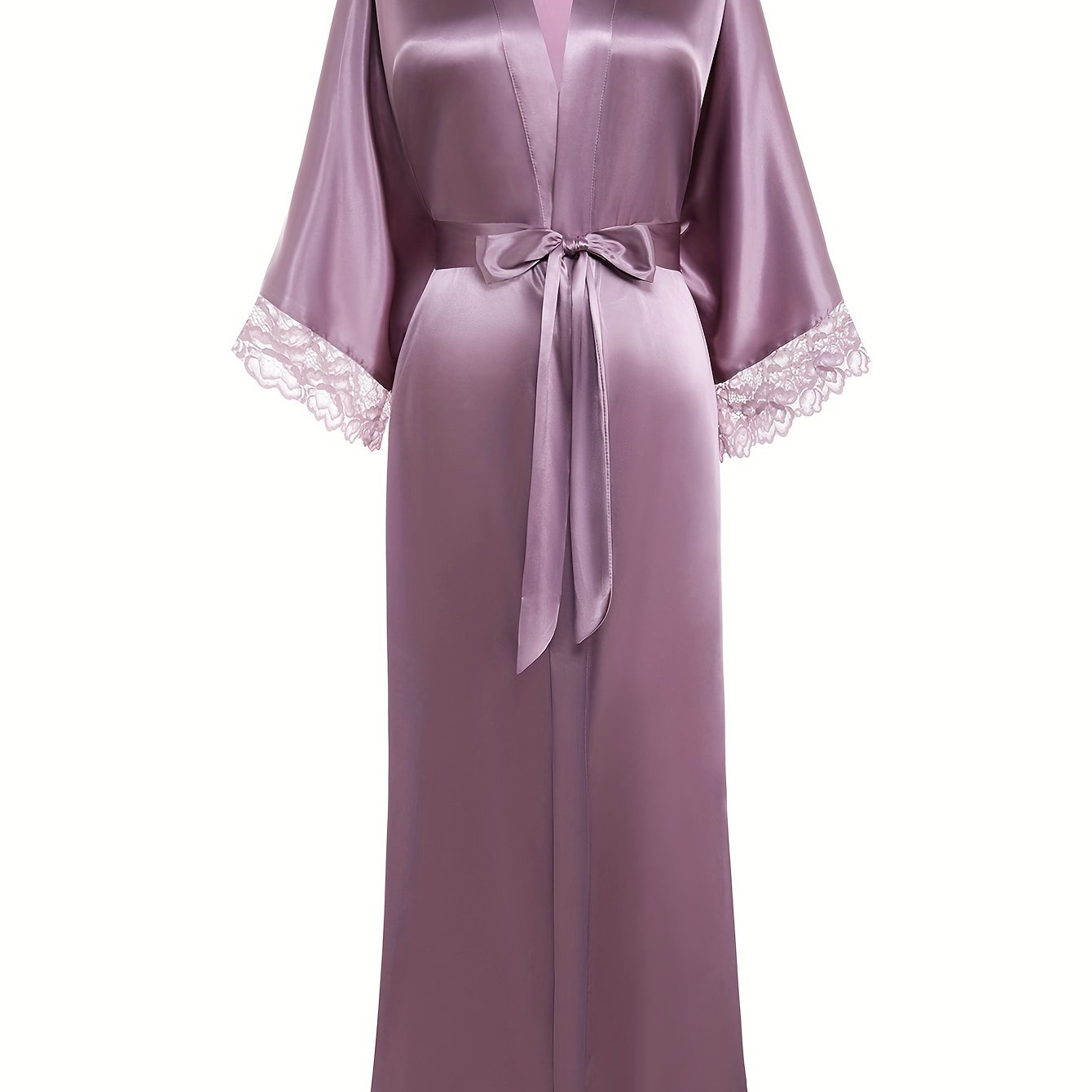 Satin Kimono Robe Long Bridesmaid Wedding Bath Robe With Lace Trim