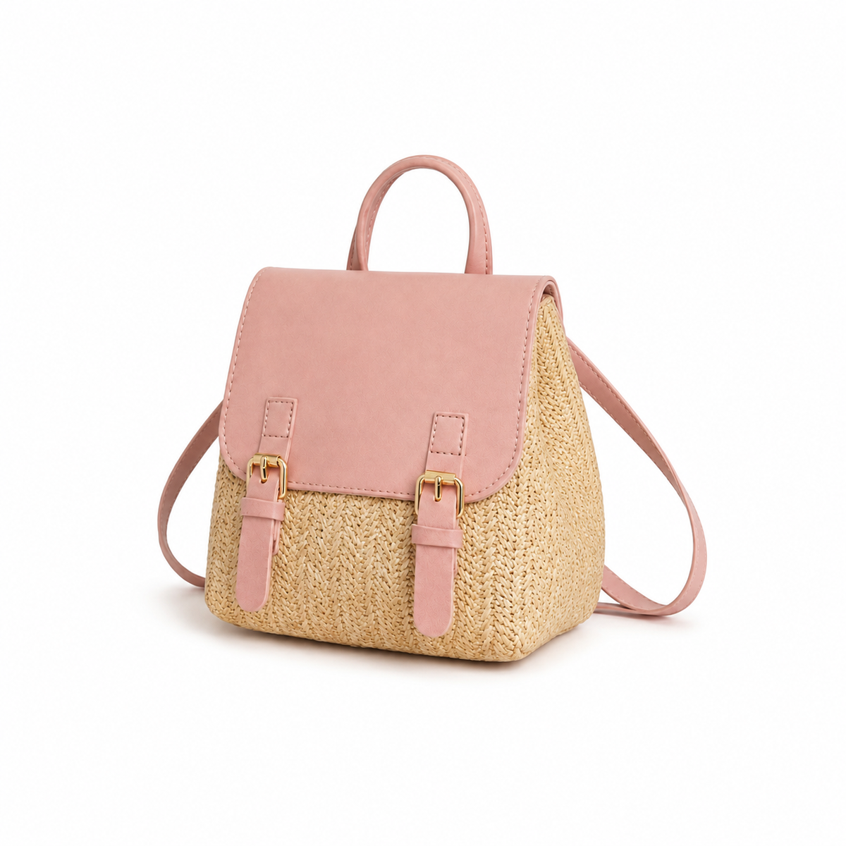 Blush Pink Straw Woven Mini Backpack Handbag