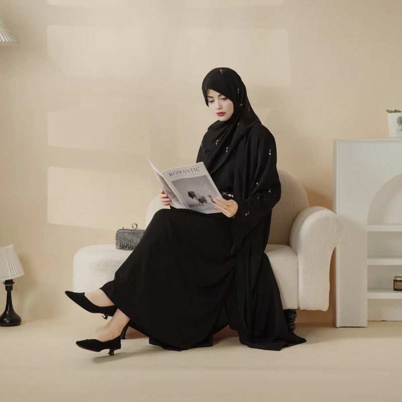 Tulip Embroidery Open Abaya 4pcs set: Includes open abaya, inner dress, matching belt, and hijab