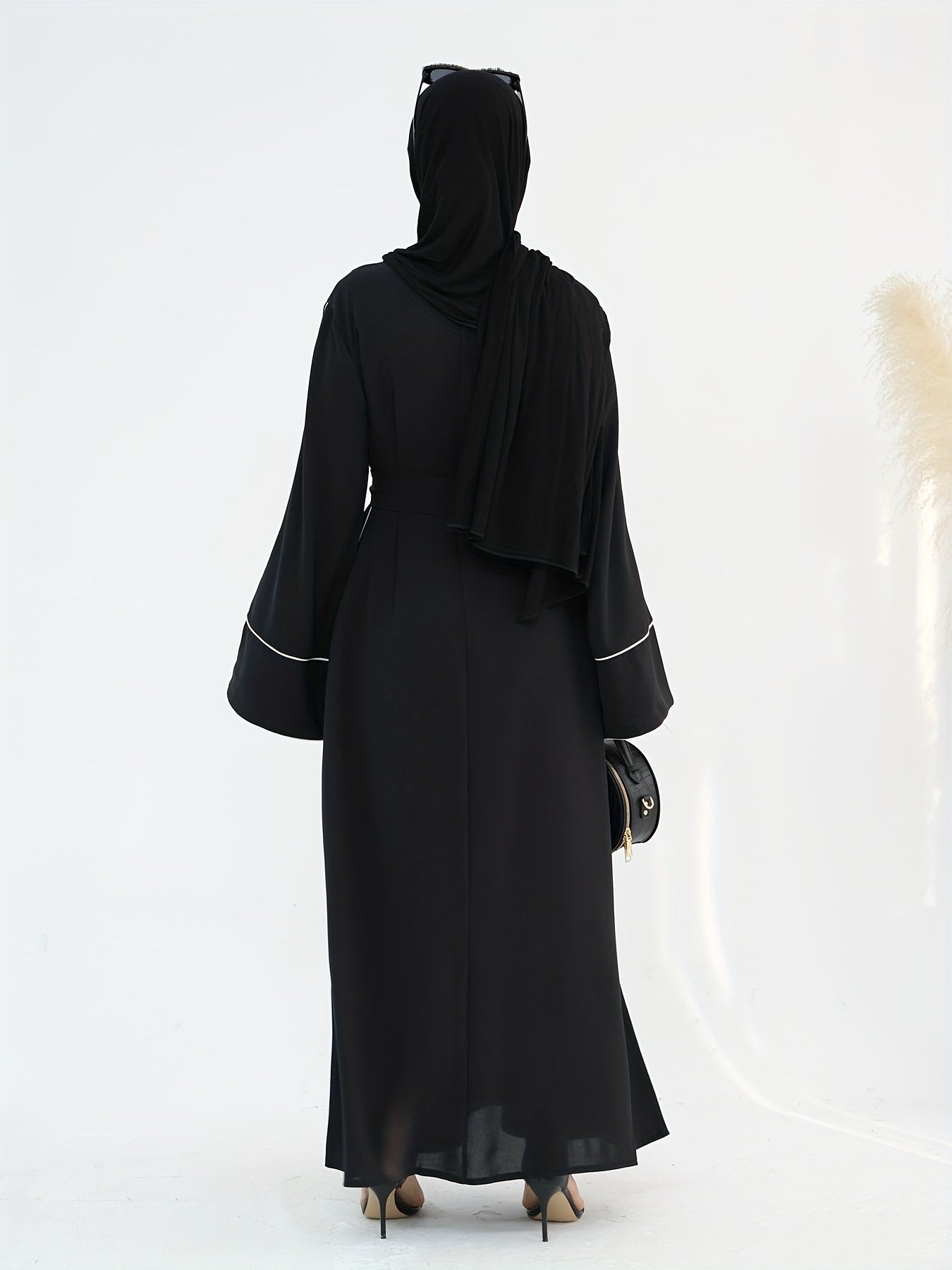 Women's Stylish Solid Color Dubai Turkish Abaya with Lace-Up Waist - Long Robe with Belt, Sleeveless, Polyester, All-Season Wear, Casual Attire|Elegant Attire|Polyester Fabric