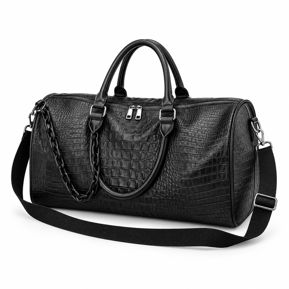 Black Crocodile Embossed Leather Duffel Bag