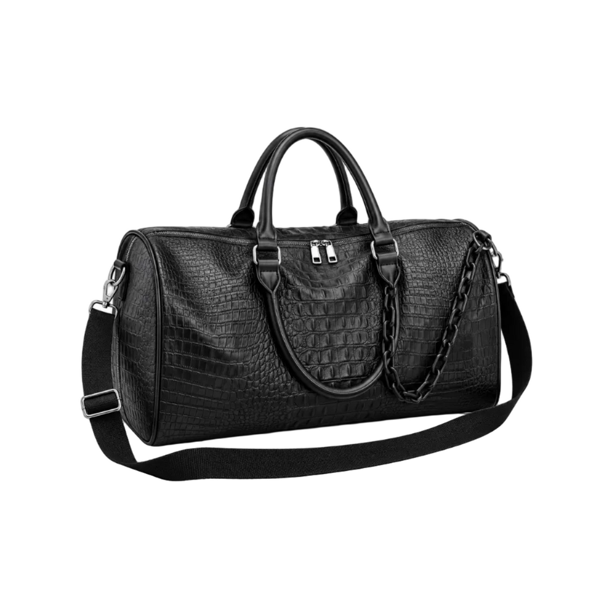 Black Crocodile Embossed Leather Duffel Bag