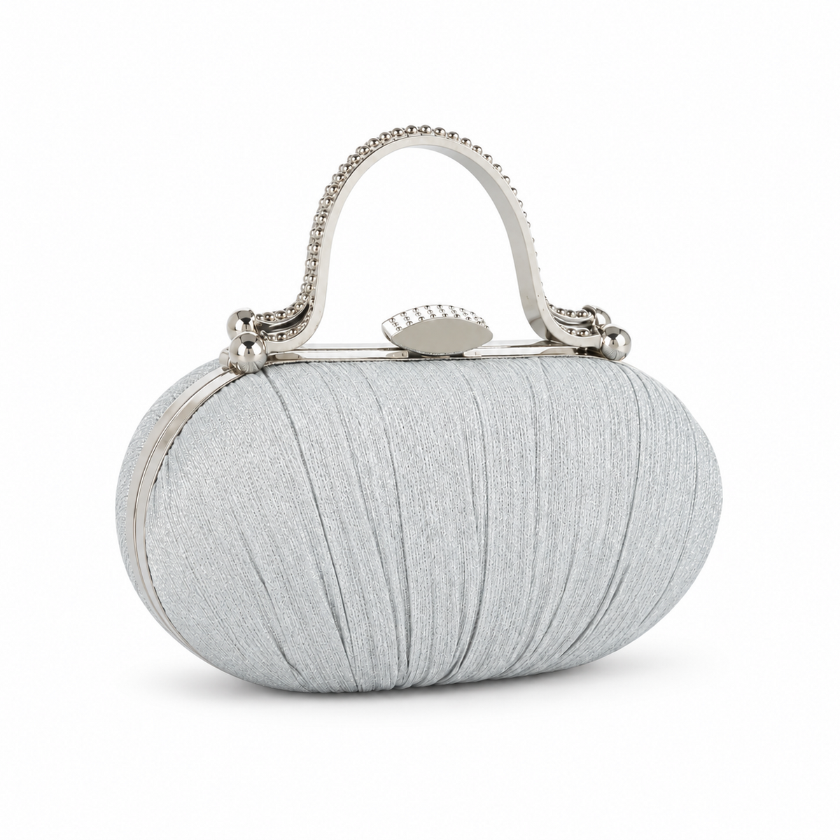 Silver Pleated Clutch with Metal Handle