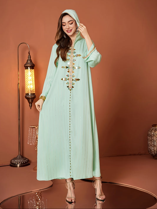 Elegant Mint Green Women’s Hooded Kaftan Dress with Rhinestone Embellishments, Long Sleeve Emirati Abaya with Zipper Front and Golden Trim, All-Season Wear
