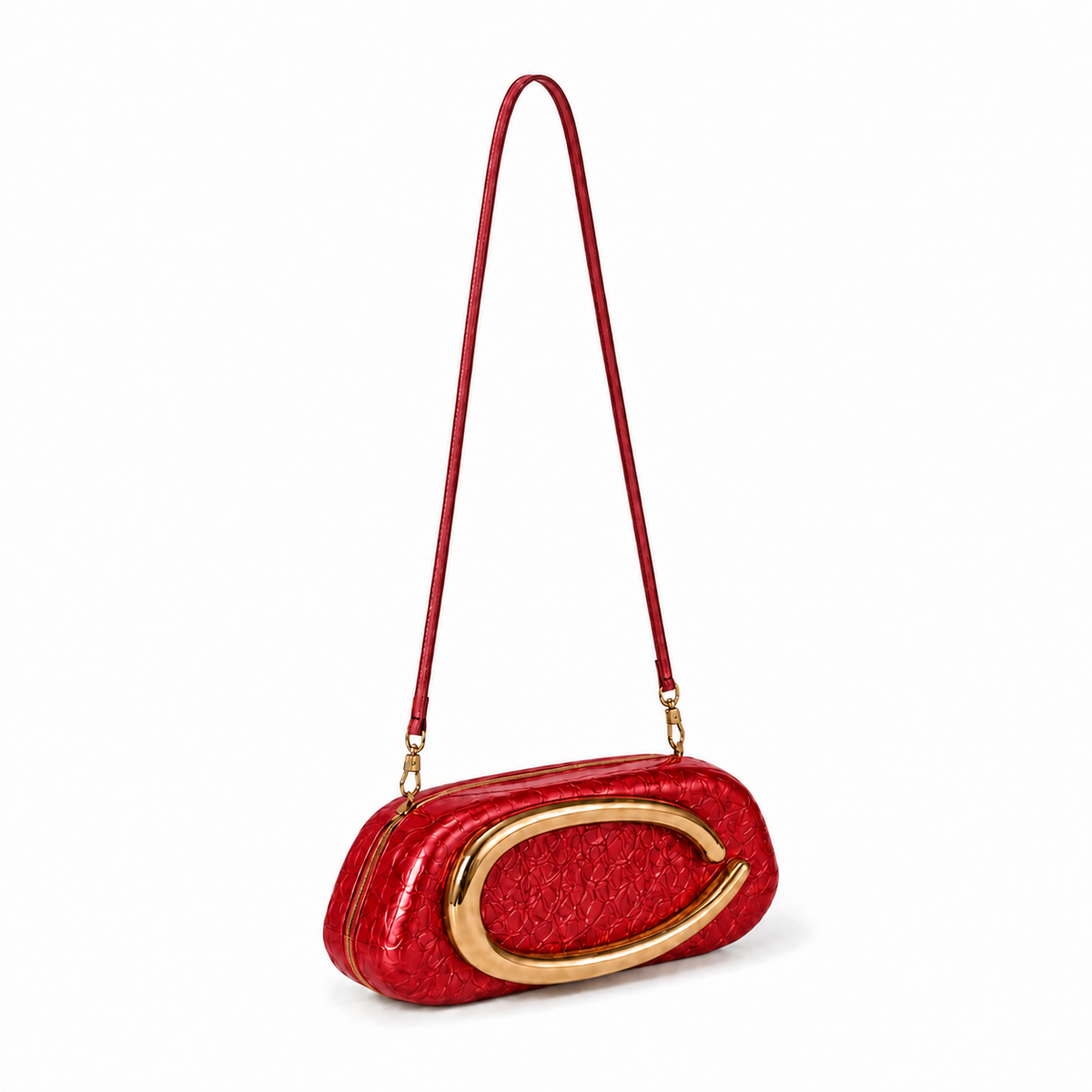 Glossy Red Oval Chain Evening Clutch Bag