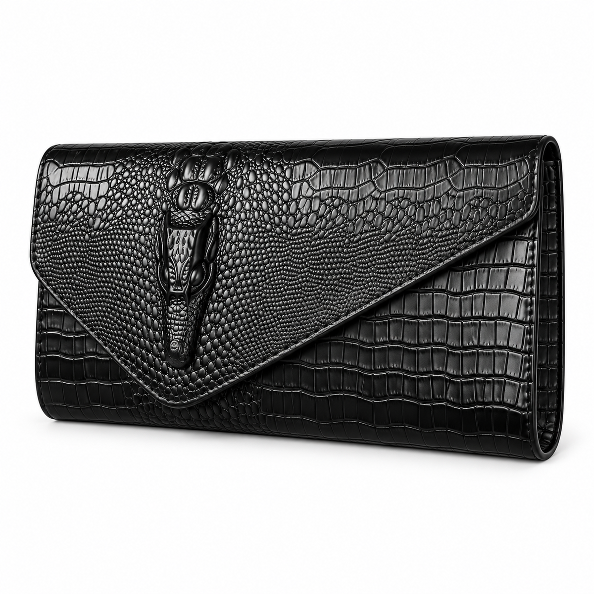 Black Crocodile Embossed Envelope Evening Clutch