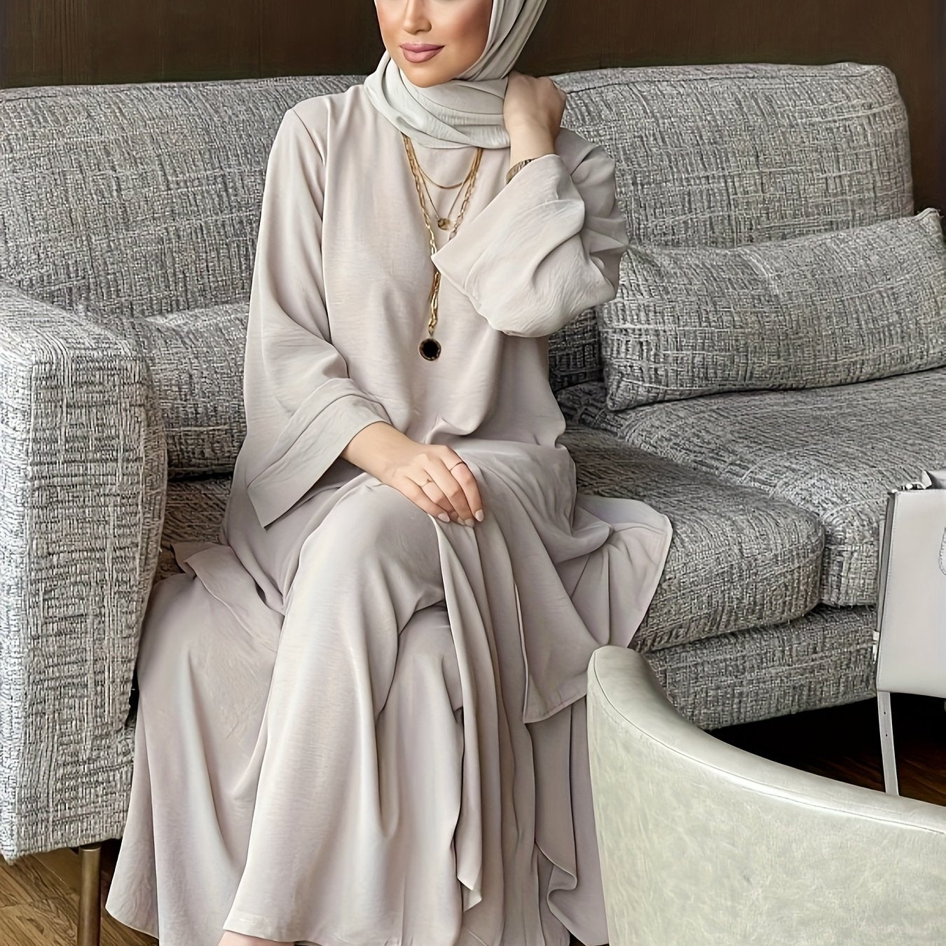 Ramadan Elegant Solid Color Muslim Two-Piece Set,Jilbaab Abaya Top and Straight-Leg Pants, Casual Women's Outfit (Headscarf Not Included)