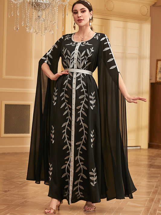 Middle Eastern-Inspired Embroidered Burgundy A-Line Kaftan Abaya with Ultra-Long Sleeves, Cinched Waist & Exaggerated Hem - Machine Washable Formal & Casual Elegance, Special Occasion