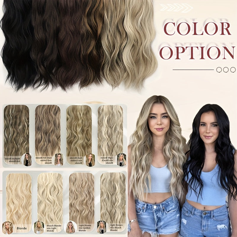 Thick Clip In Long Wavy Synthetic Hair Extensions - 24 Inch Balayage Brown Black Double Weft Fiber Hidden Wire Hairpieces for Women - Easy to Style, Natural Looking, And Long-Lasting Hair Enhancement