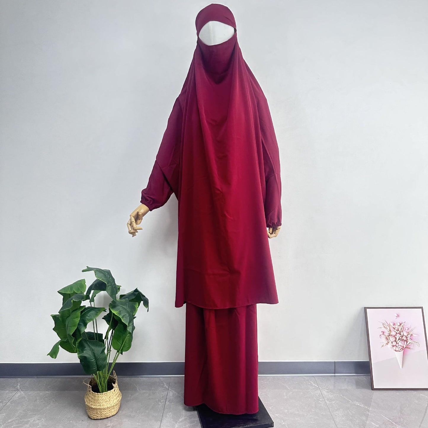 Middle East Dubai Women's Solid Color Loose Jilbaab Two-Piece Set with Large Hijab for Export