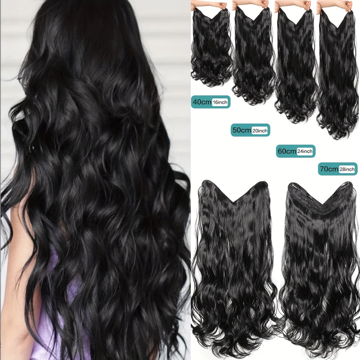 Synthetic Fiber Big Wave V-Shaped Hair Extensions, White Invisible, Available in 16/20/24/28 Inches, 4 Clip-In Extensions, with Options in Black And Brown for Everyday Parties And Holiday Gatherings