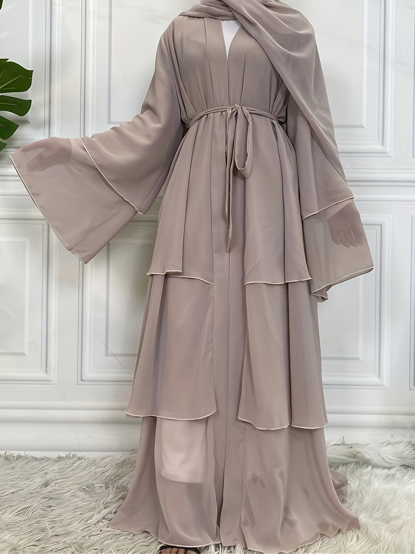 Ramadan Layered Open Front Modest Pakistani Abaya, Long Sleeve Muslim Dress With Belted, Without Hijab, Women's Clothing
